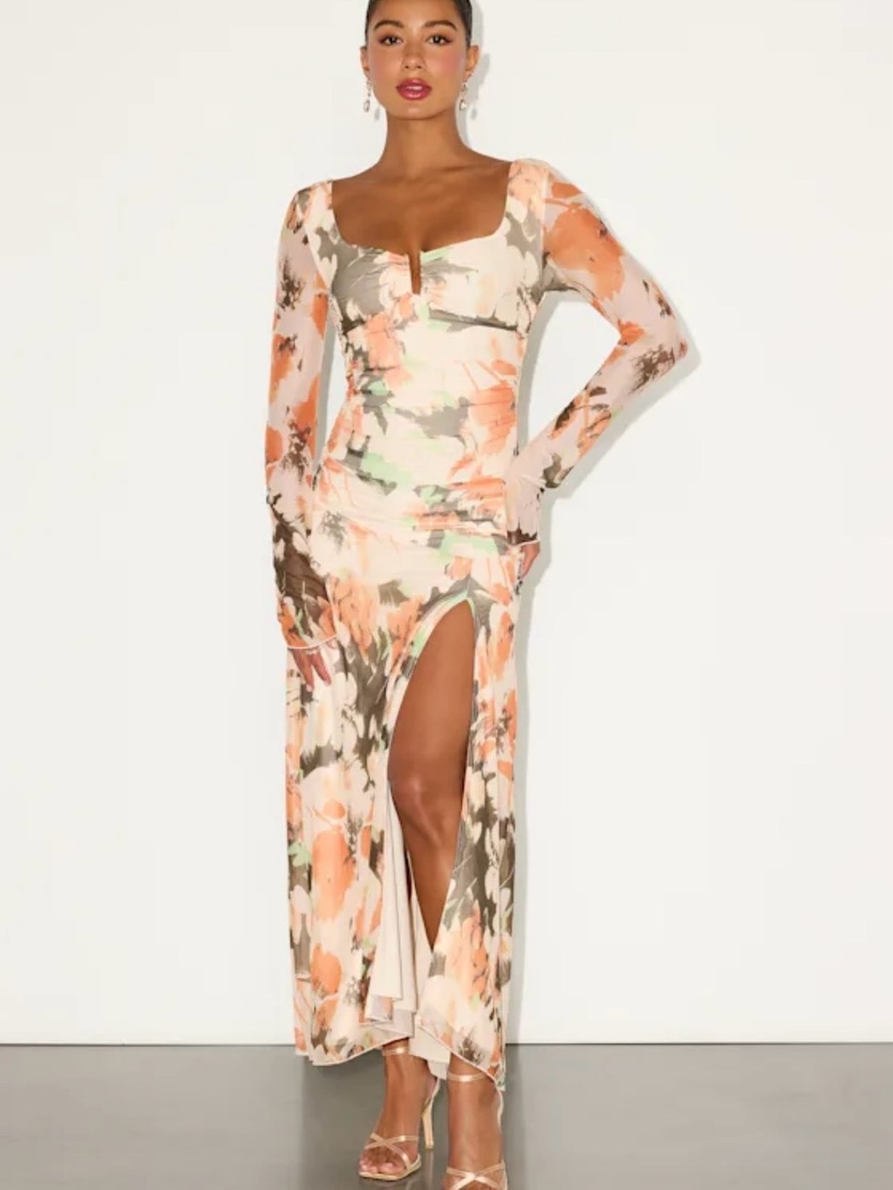 Lulus Catlin Cream Multi Floral Mesh Long Sleeve Maxi Dress White - Size M - Picture 5 of 5